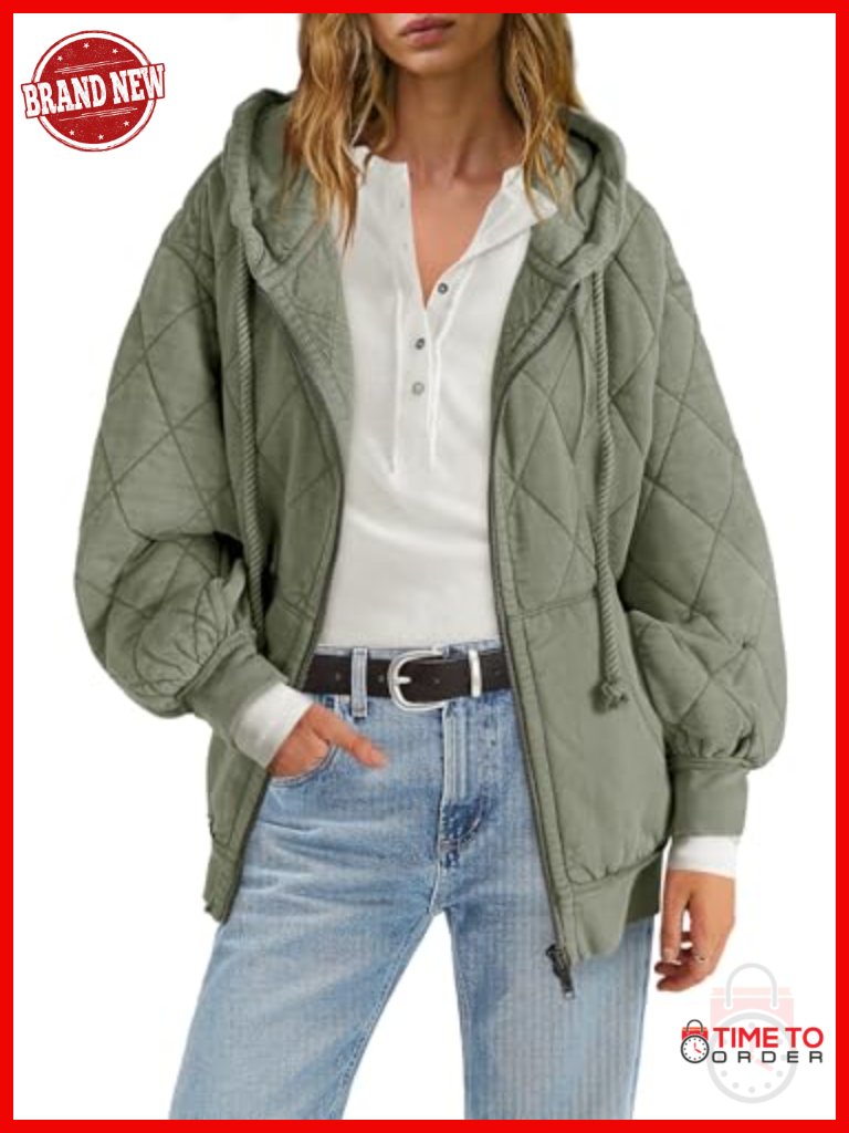 Quilted Lightweight Puffer Jacket Oversized Hooded Zip Up Casual Coat With